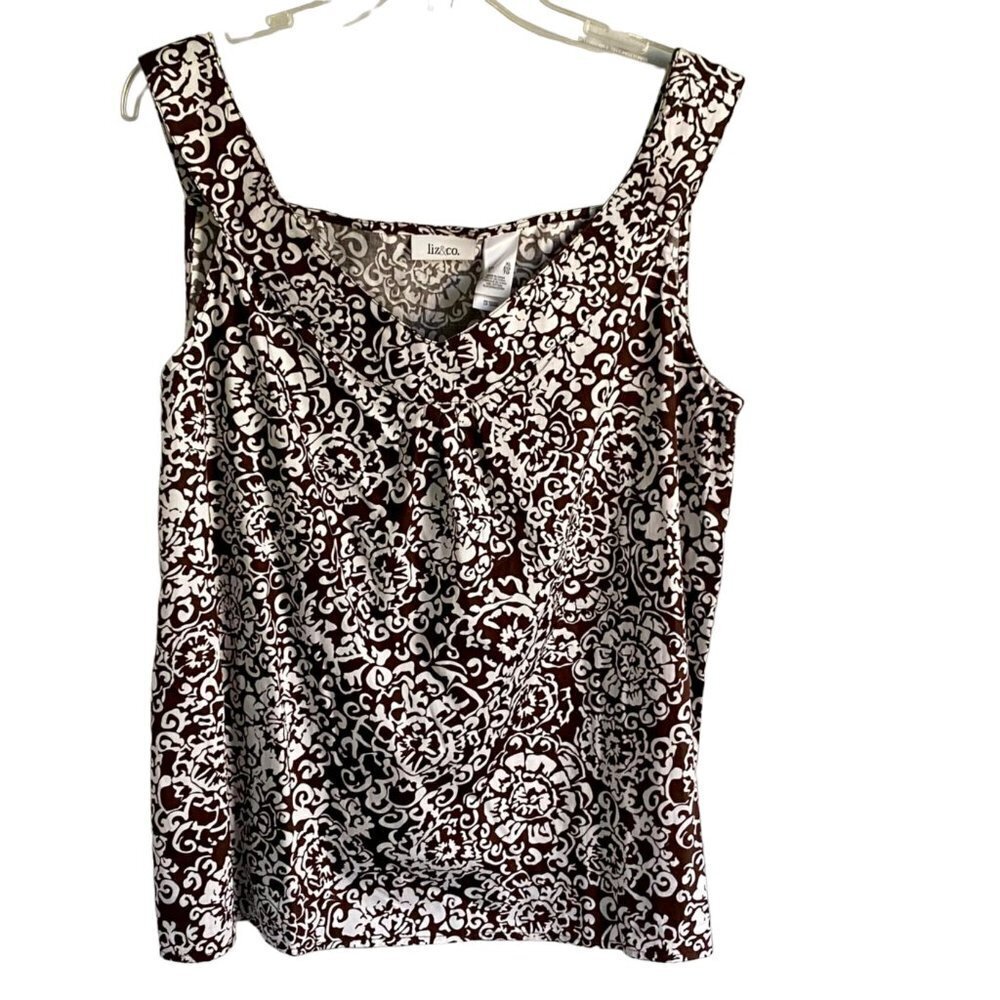 Liz & Co. Sleeveless Cotton Top Brown with White Flowers Women's Size XL